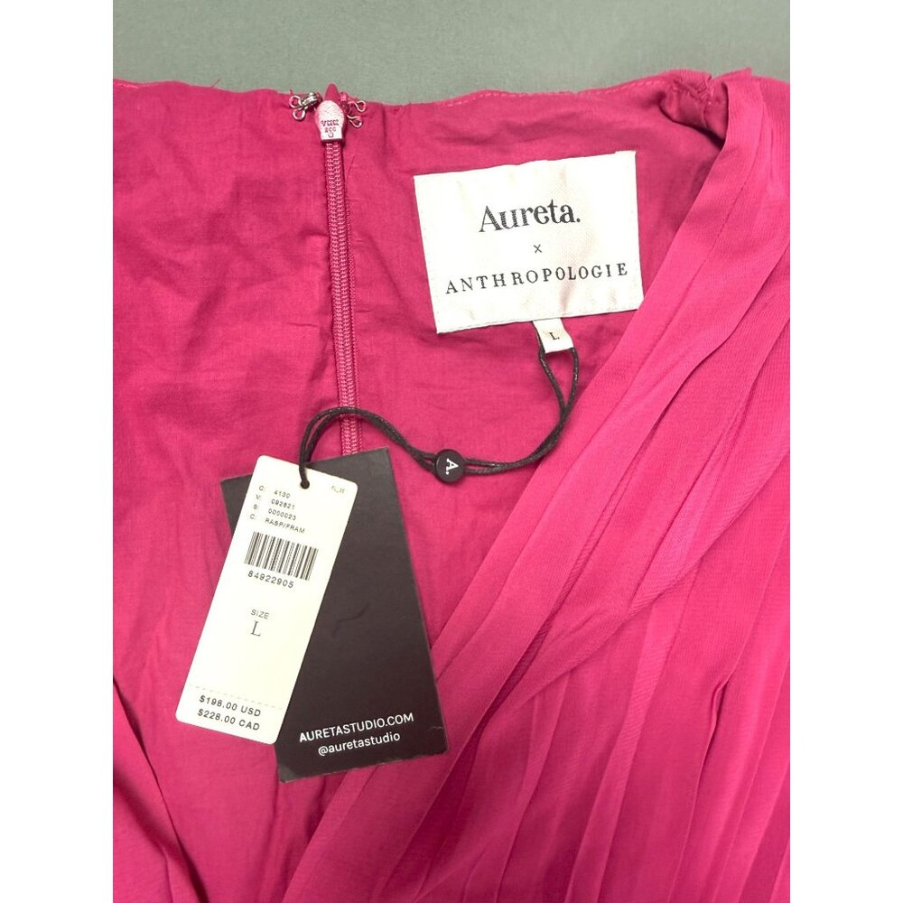 NWT Anthropology x Aureta Pleated Long-Sleeve V-Neck Dress Pink L - Picture 4 of 7
